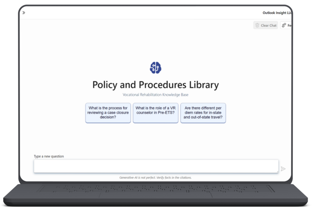 Knowledge Interpreter on a laptop showing the Policy and Procedures Library with sample questions and an answer box